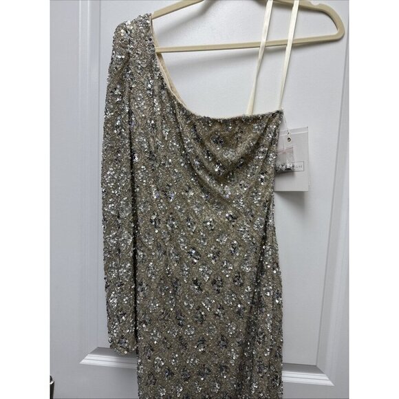 Mac Duggal Size 8 Beige  5479 Embellished Sequin One Shoulder Evening Dress Gown - Picture 7 of 14